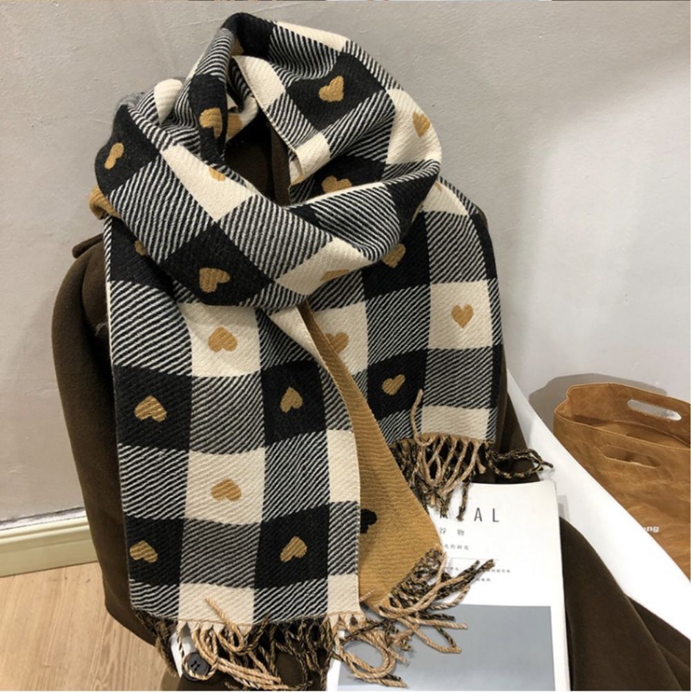 超柔軟愛心格子加厚重磅雙面圍巾-黑色-成人圍巾披肩-黑色-200 x 70 cm