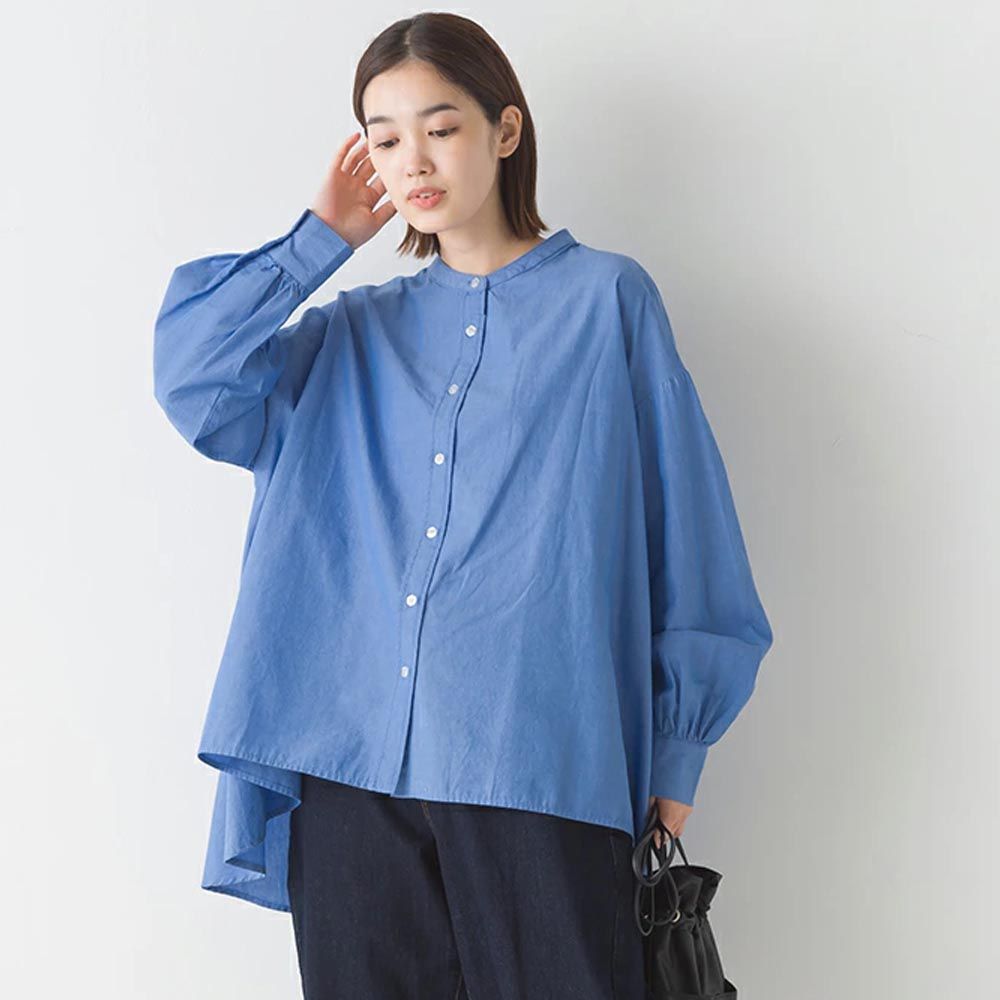 日本 OMNES - 100%棉 前短後長寬鬆長袖襯衫-寶石藍