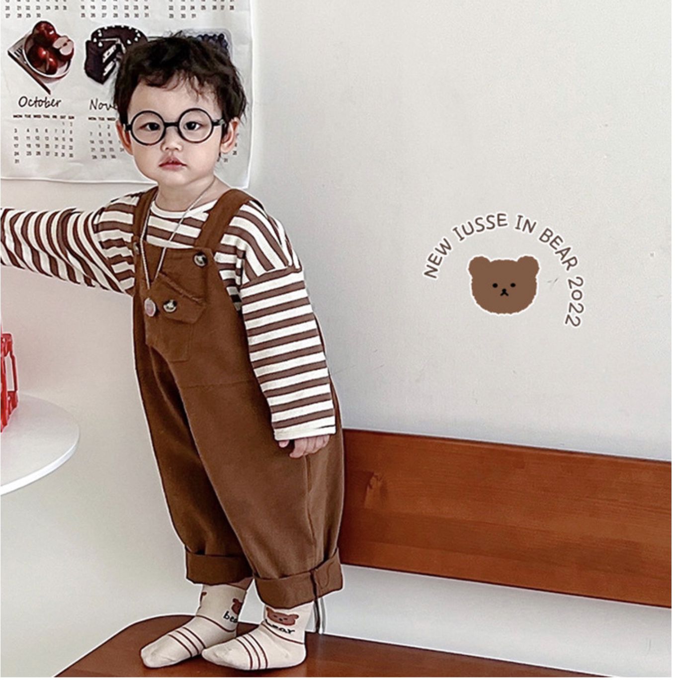 love, charlotte - 奶茶色系小熊日記格子短筒棉襪-5 雙一組