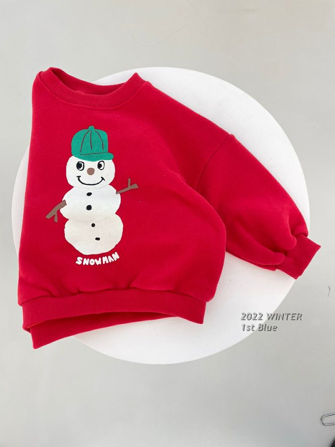韓國 First Blue - 雪人圓領長袖上衣/聖誕節-紅