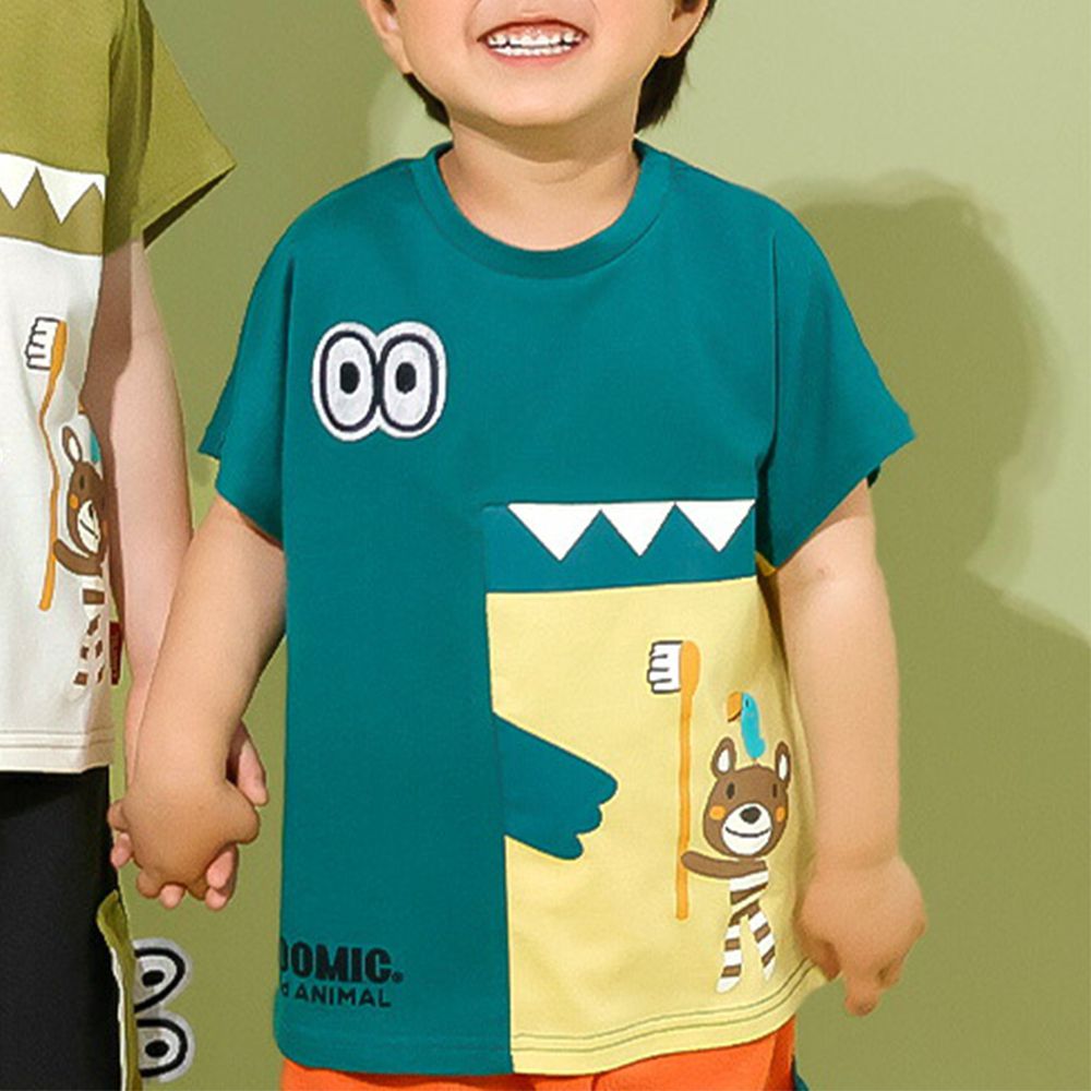 舒適緹花天竺棉短袖上衣-幫鱷魚刷牙-濃綠