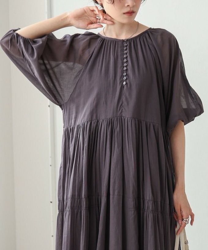 日本 Bab - 100%棉 巴里紗柔軟素色寬袖洋裝-炭灰