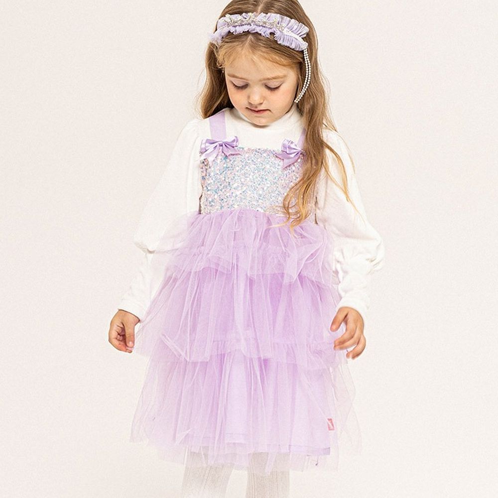 (附髮箍)閃閃亮片雙蝴蝶結網紗公主洋裝-白X紫