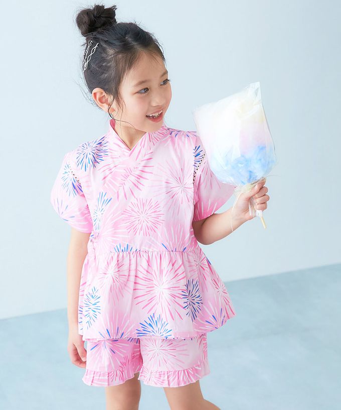 日本 devirock - [推薦]夢幻女孩荷葉邊甚平套裝-向日葵-白