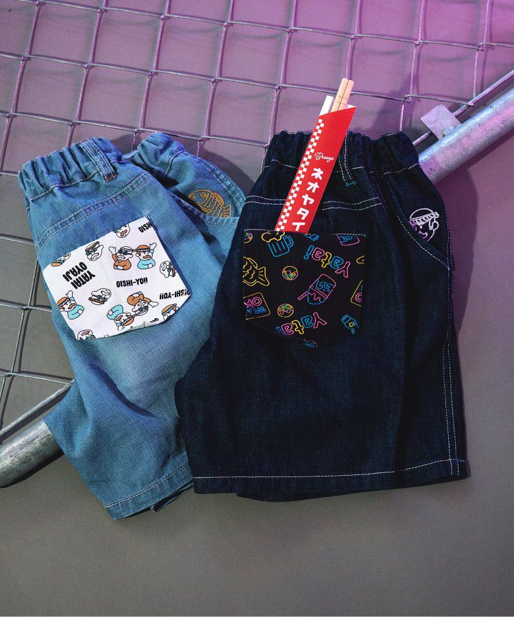 日本 BREEZE - 夏日祭典逗趣刺繡手巾牛仔短褲-幽默師匠-淺藍