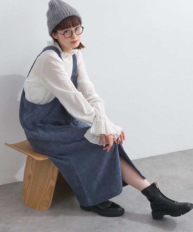 日本 Lupilien - 可愛厚實燈芯絨開叉吊帶裙-軍綠