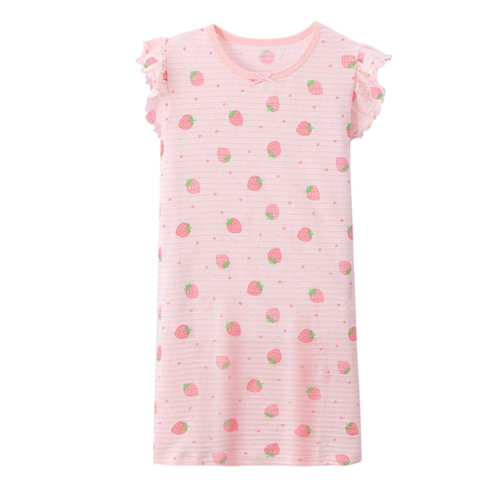 MAMDADKIDS - 竹節棉荷葉袖睡衣/睡裙-滿園草莓-粉色
