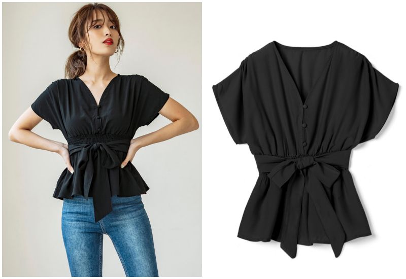 日本 GRL - 交叉V領綁帶短袖上衣-時尚黑