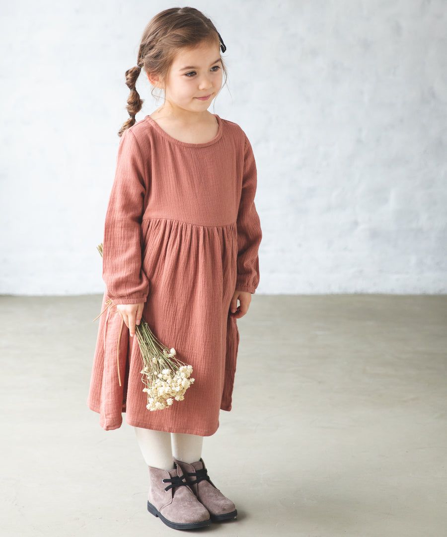 日本 PAIRMANON - 透氣二重紗 簡約薄長袖洋裝-孩子-洋紅