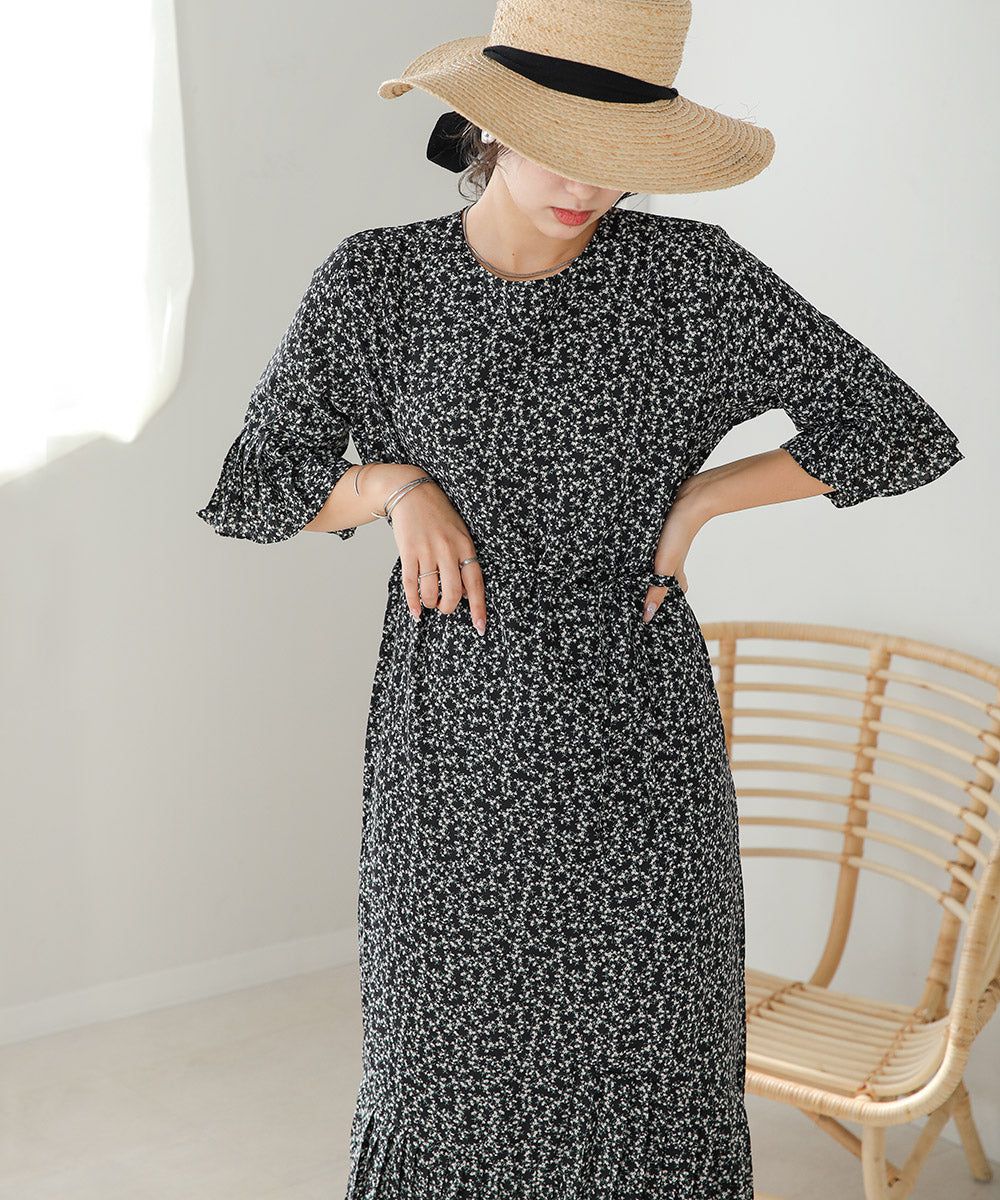 日本 Bab - 圓領碎花糖果袖洋裝-奶油白