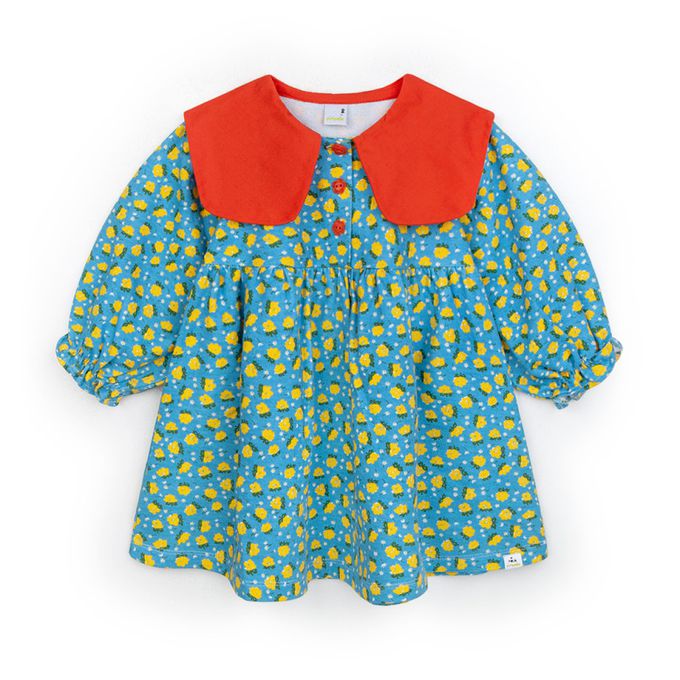 韓國 Pimpollo - 滿版花紋撞色翻領連身洋裝-藍