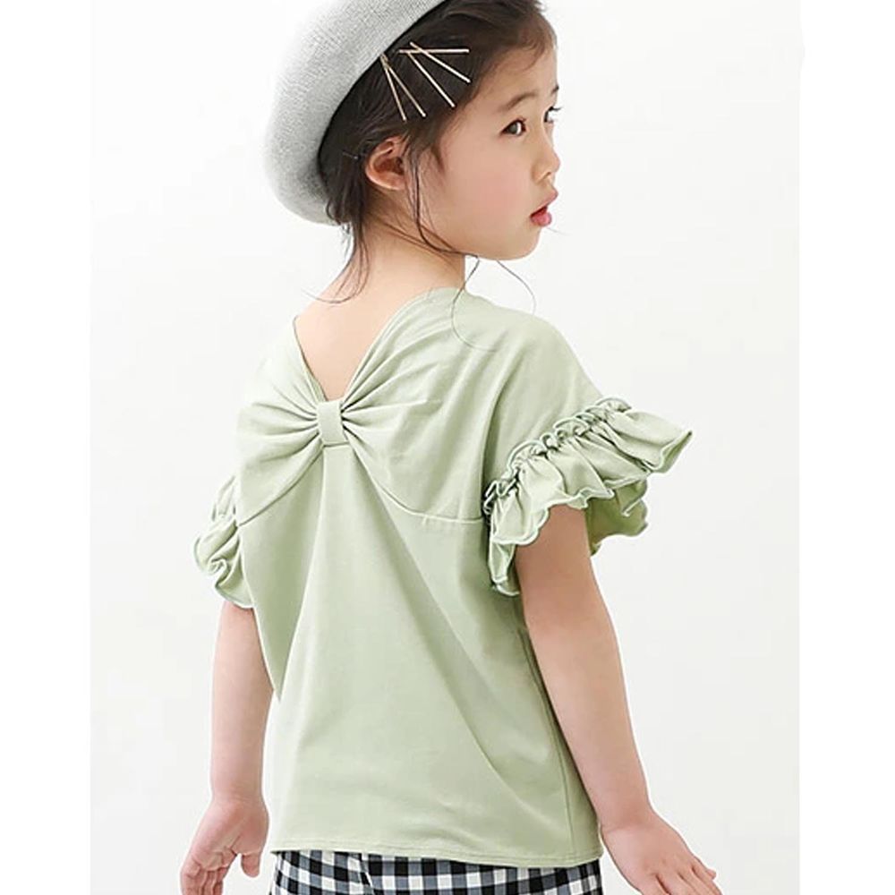 日本 devirock - 圓領可愛大蝴蝶結荷葉短袖上衣-淺綠