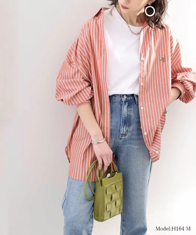 日本 Classical Elf - 胸前刺繡直條紋率性長袖襯衫-藍紫