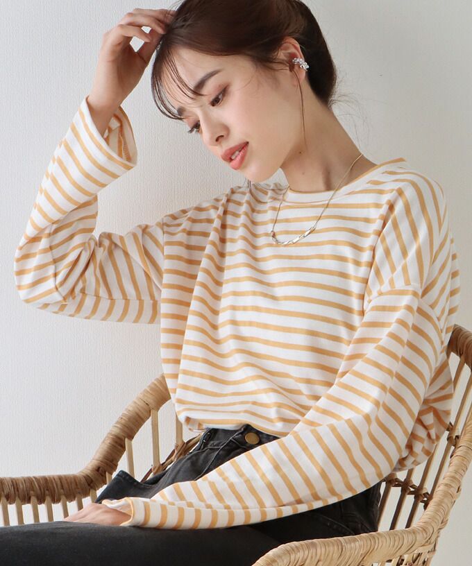 日本 BLUE EAST - 百搭落肩休閒長袖上衣-條紋-軍綠