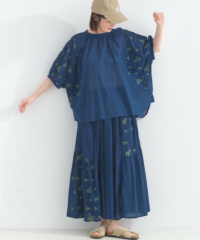 日本 Lupilien - 100%印度棉 優美植物刺繡大寬袖上衣-象牙