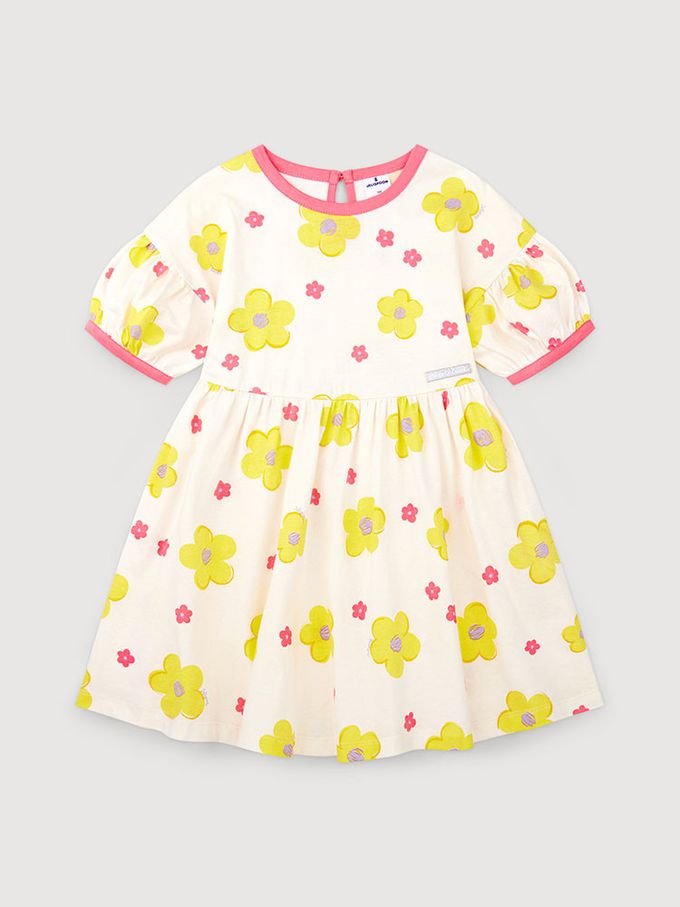 韓國 Jelispoon - 甜心黃花印落肩袖拼接洋裝-象牙白