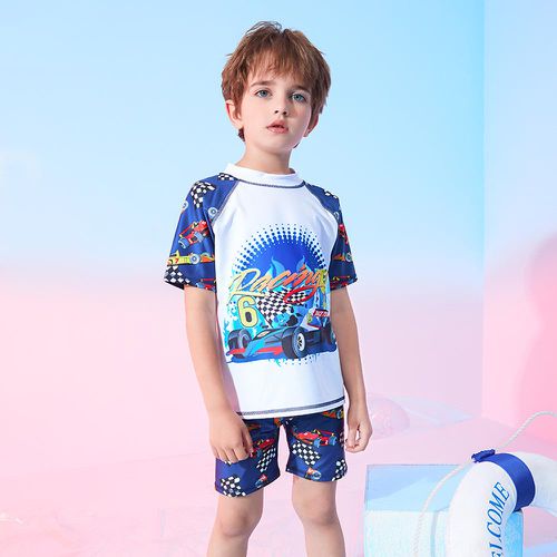 361° - 兒童卡通圖短袖泳衣套裝(二件組)-卡丁車-深藍+白
