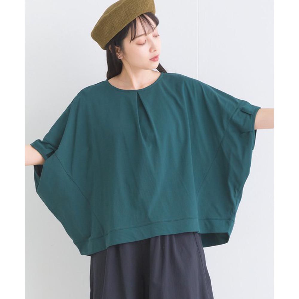 日本 Lupilien - 抗皺材質打褶圓領短袖上衣-濃綠