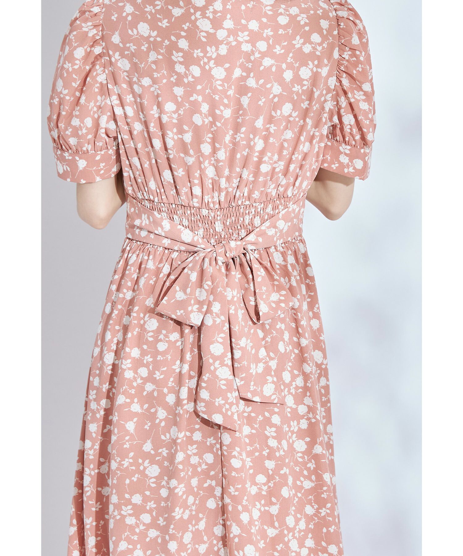 日本 tocco-closet - 愛心領泡泡袖雪紡洋裝-典雅玫瑰-鮭魚粉