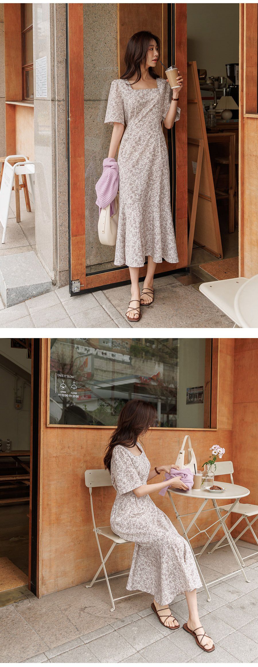 韓國 Urbantheroom - ㄩ字領收腰綁帶拼接洋裝-白底碎花 (Free)