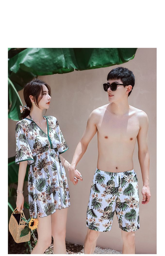 男士泳褲-復古葉片-棕+綠+白