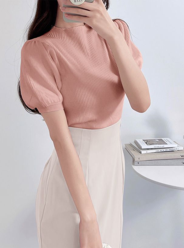 日本 GRL - 聯名款 彈性羅紋泡泡短袖上衣-珊瑚橘