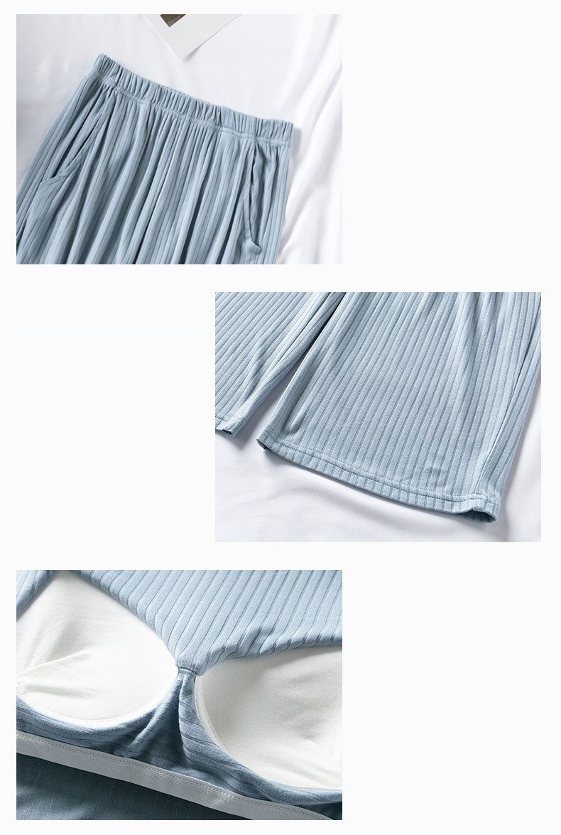 螺紋莫代爾Bra T 短袖家居服套裝-長褲款-粉色