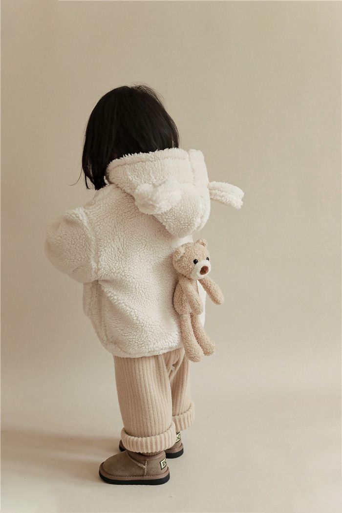 加厚連帽羊羔絨兒童造型外套-熊熊耳朵-米白色