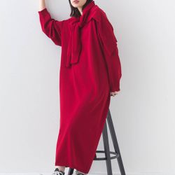 日本 OMNES - 落肩優雅柔滑嫘縈素色長袖洋裝-紅