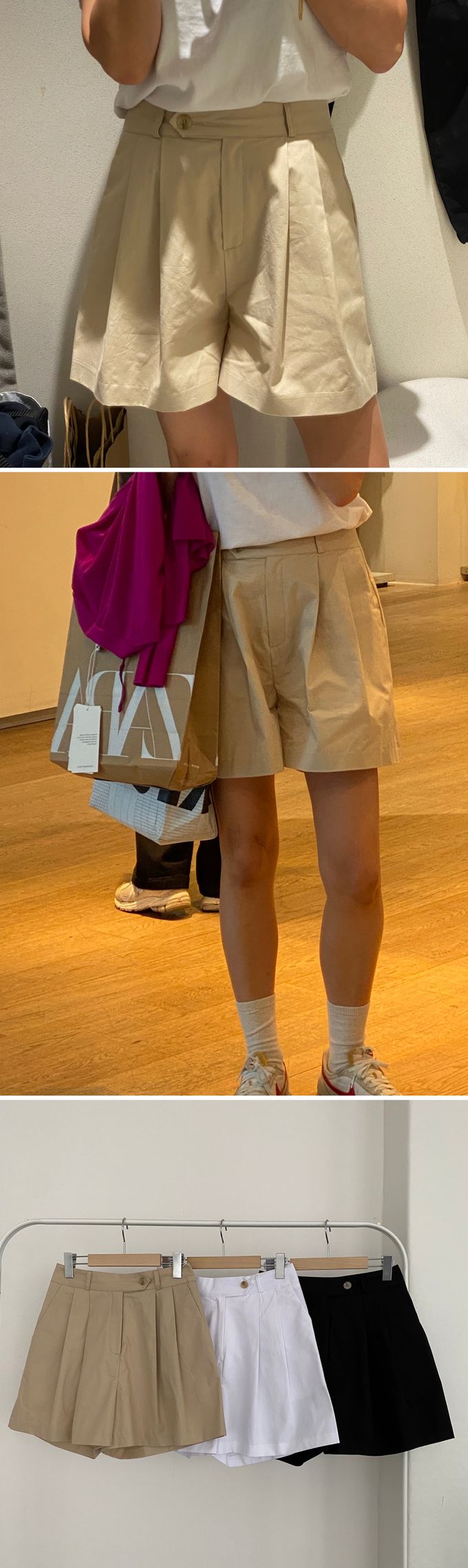 韓國 orrrn - 側邊鈕扣抓褶短褲-卡其