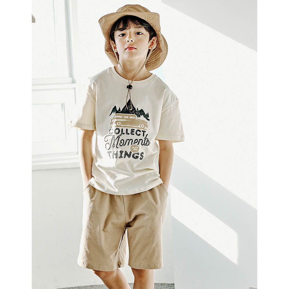 舒適純棉短袖套裝-山上露營-米X卡其