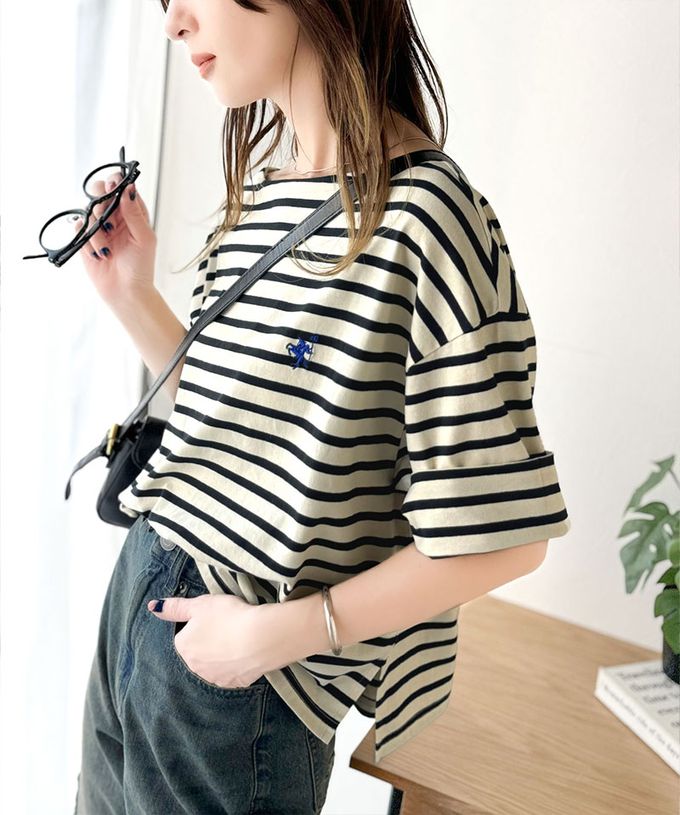 日本 Classical Elf - 混有機棉休閒條紋五分袖上衣-卡其x白