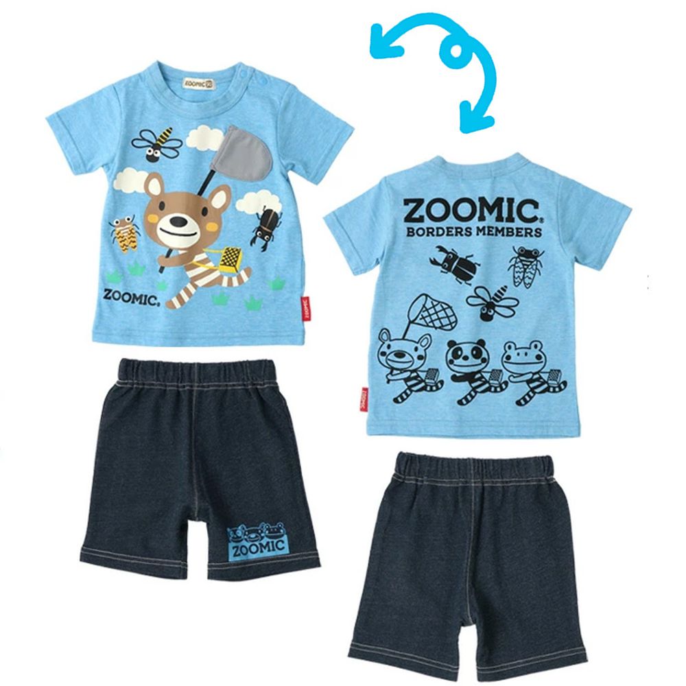 日本 ZOOLAND - 童趣印花短袖上衣X純棉短褲套裝-小熊抓蟲郊遊-水藍