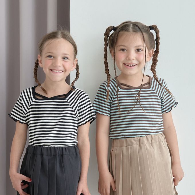 日本 Lycee mine - 小甜心線條領口短袖上衣-條紋-黑白