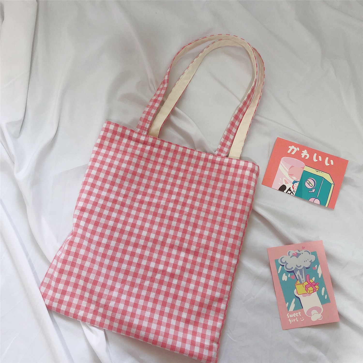 休閒格子單肩手提帆布袋-粉紅色 (37*35cm)