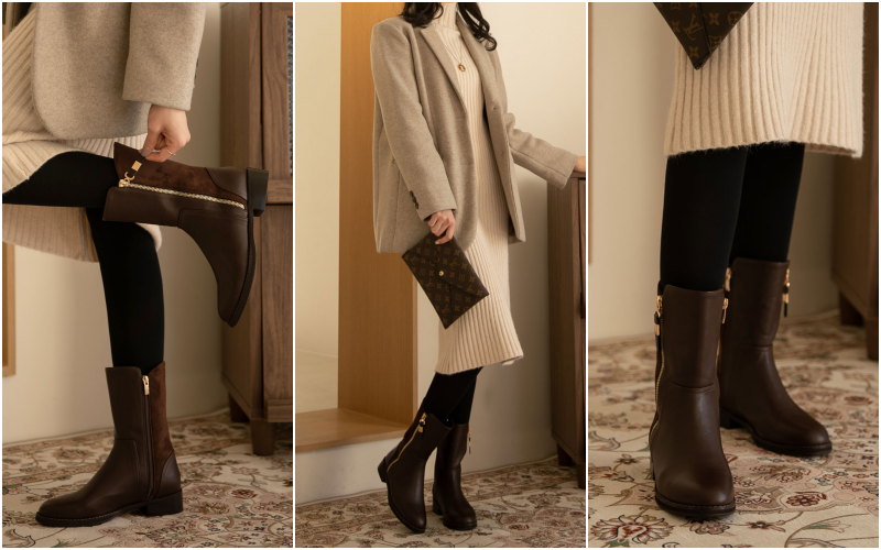 韓國 PINKELEPHANT - 外側拉鍊異材質拼接感半筒皮靴(3.5cm)-裏毛-黑