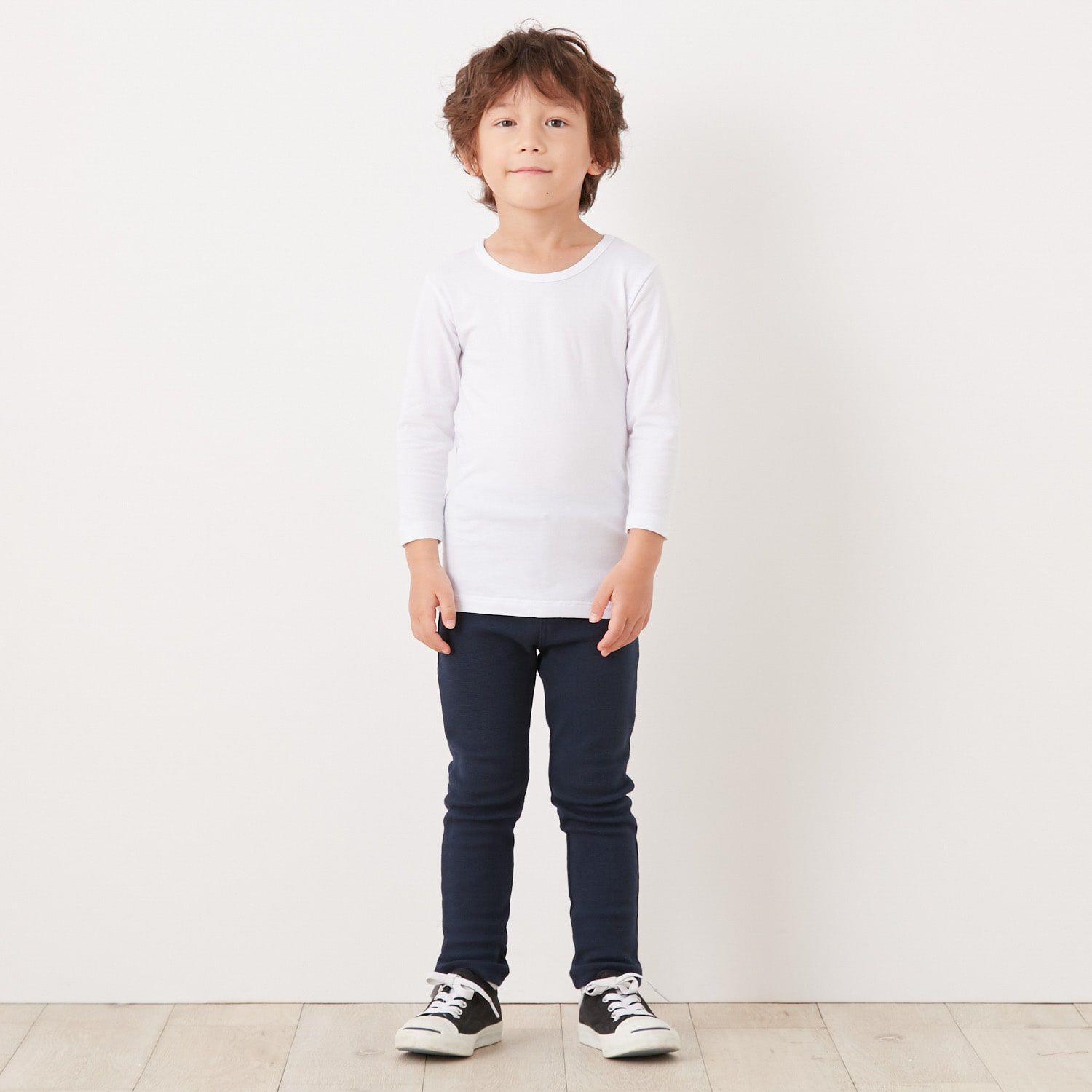 日本千趣會 - 95%棉 兒童圓領九分袖發熱衣-灰白條紋