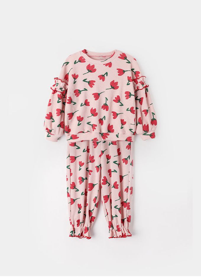 韓國 OZKIZ - 鬱金香鬆餅格紋長袖縮口套裝-紅花