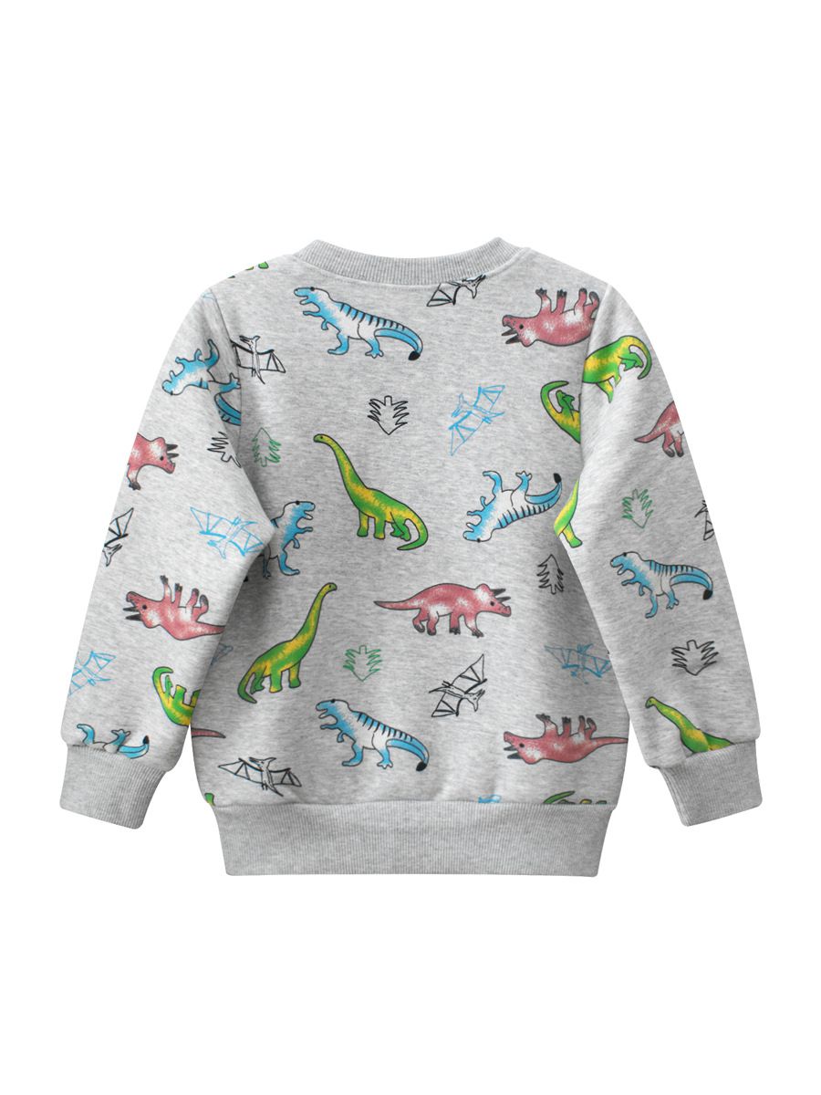 加絨棉質圓領長袖上衣/大學T-塗鴉恐龍-灰色