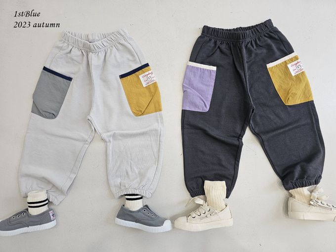 韓國 First Blue - 鬆緊腰雙色口袋縮口長褲-黑灰