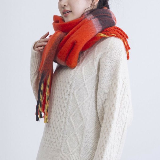 日本代購 - 份量感印花保暖流蘇圍巾-撞色-綠紫