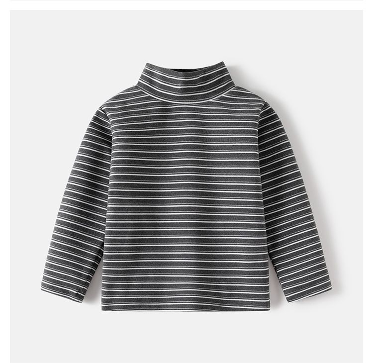 WELLKIDS - 德絨高領條紋長袖上衣/打底衫-黑色
