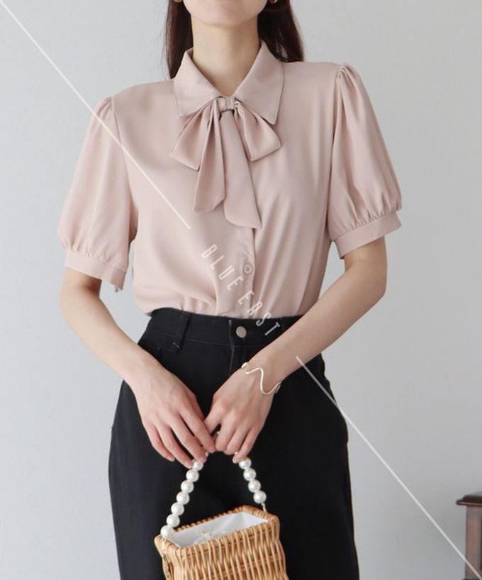 日本 BLUE EAST - 氣質蝴蝶結雪紡小澎袖襯衫-線條-米白