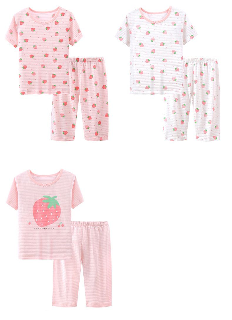 MAMDADKIDS - 竹節棉短袖套裝/家居服-滿園草莓-粉色
