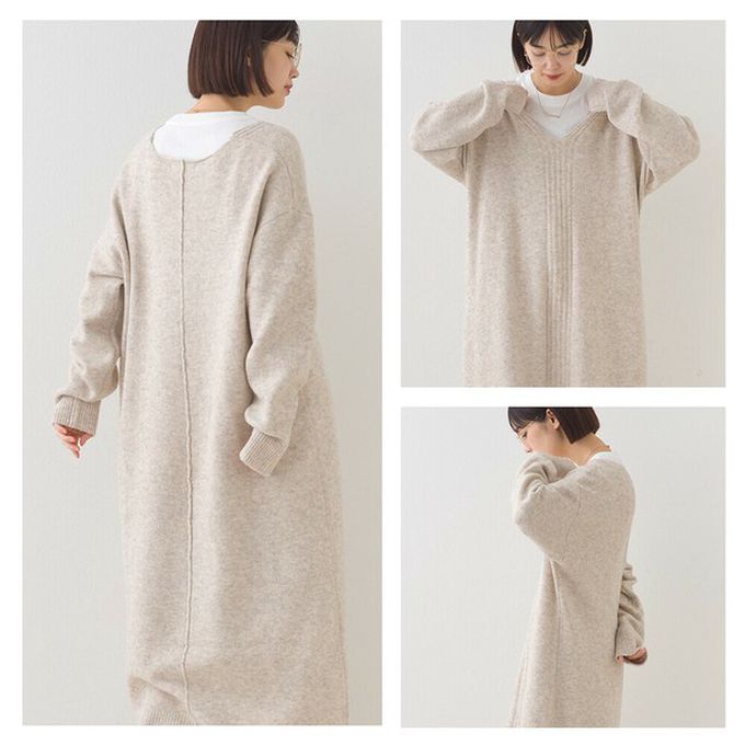 日本 OMNES - V領柔軟針織寬鬆感長袖洋裝-淺卡其