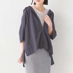 日本 OMNES - 接觸涼感 五分袖抽繩連帽外套-炭灰x黑點