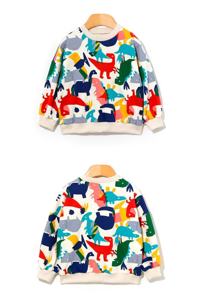 韓國 OZKIZ - 色塊恐龍圖印長袖套裝