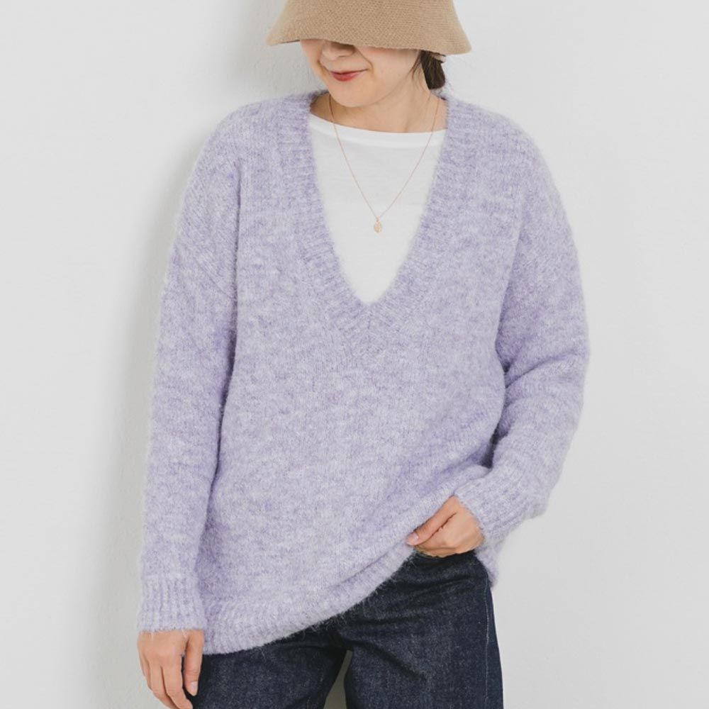 日本 ihuu - 柔軟深V領混羊毛針織上衣-紫羅蘭