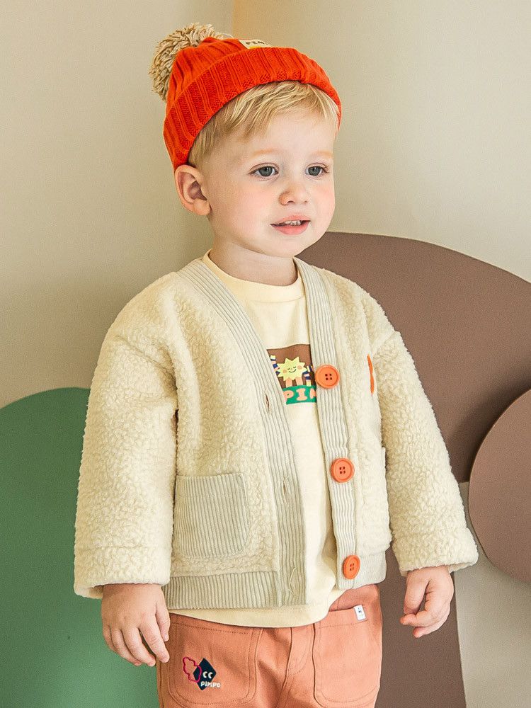 韓國Pimpollo - 小圓臉V領排釦保暖外套-米色