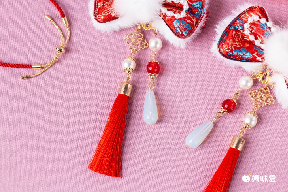 兔年喜氣洋洋拜年兒童髮飾-蝴蝶結+小金兔-紅色